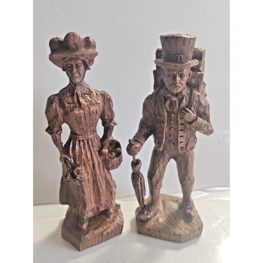 Gorgeous Vintage Wood Carvings Clock Seller & Flower Lady signed ADN